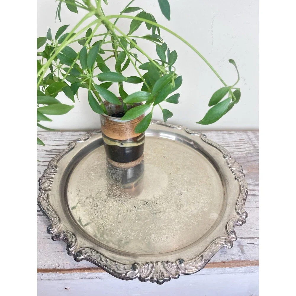 Vintage MCM Sheridan Silver Co Ornate Border Round Silver Plated Tray 12”